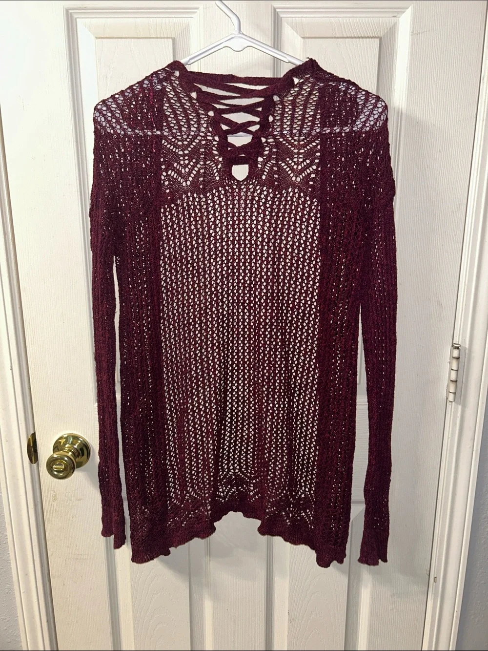 Mudd Open-Knit Lace-Up Back Cardigan in Burgundy
